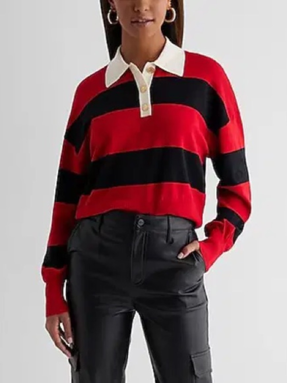Express Red, Black & White Striped Polo Sweater